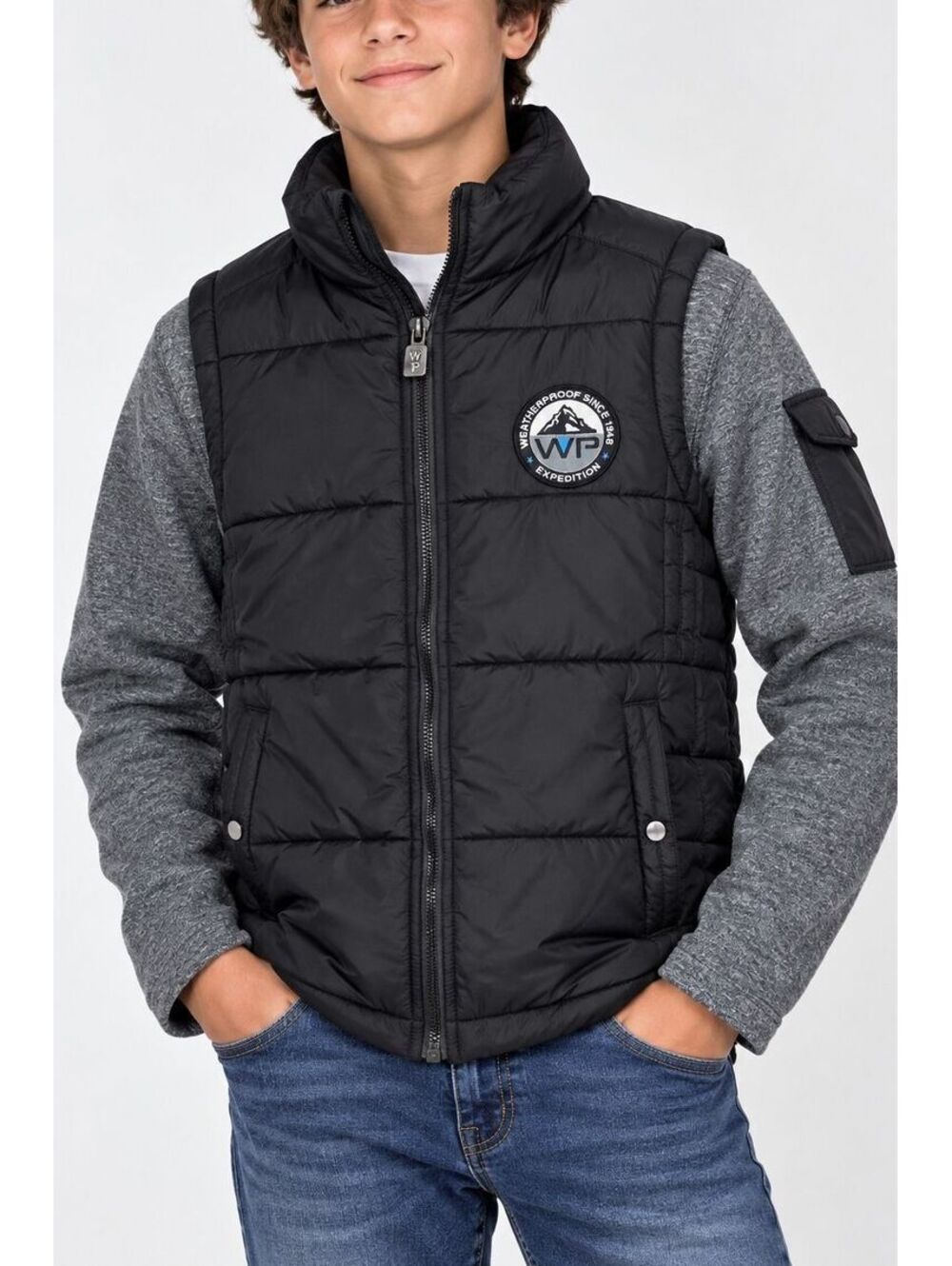 Weatherproof Boys L 14/16 Black Quilted Hybrid Jacket Gray Sleeves Full Zip